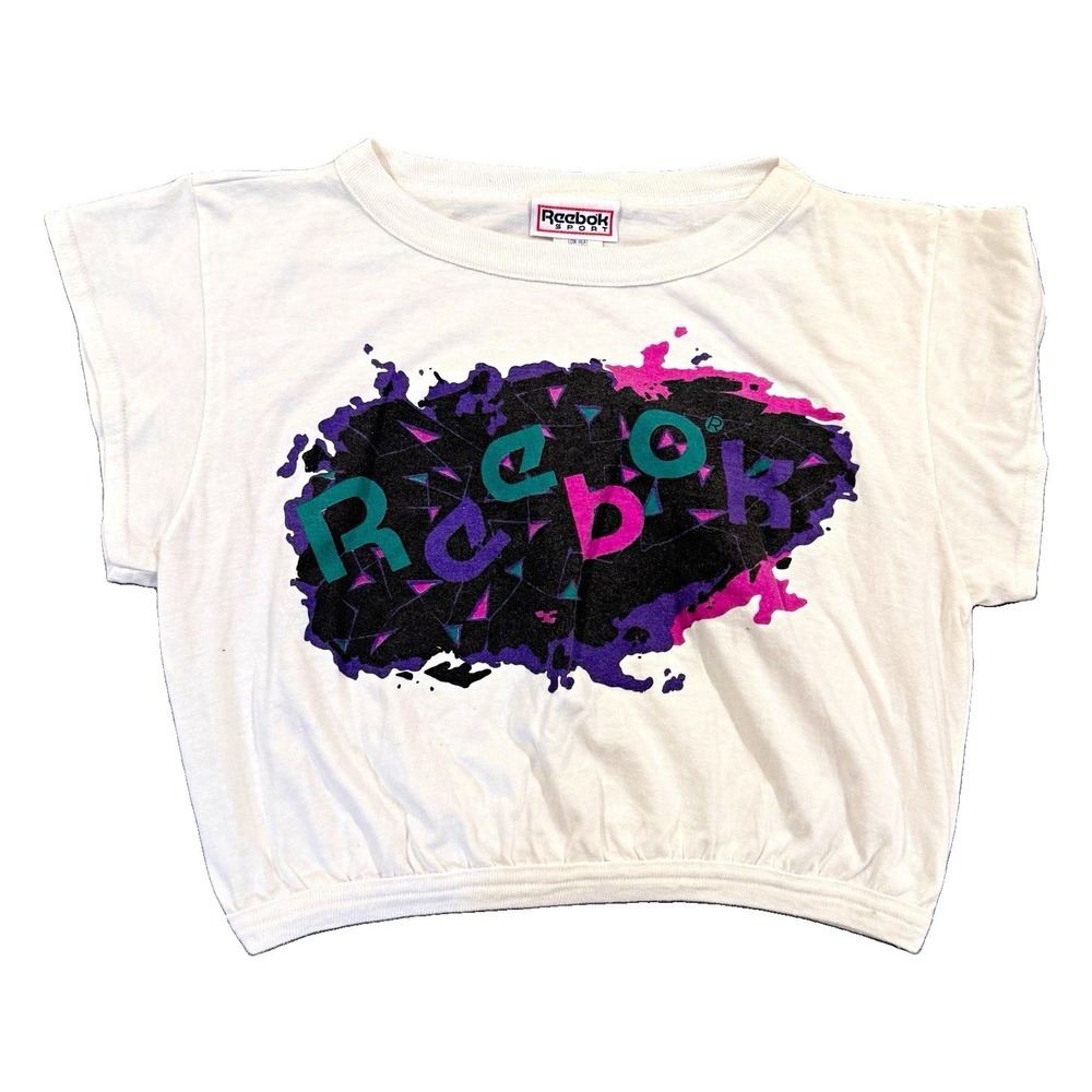 Vtg 90s Reebok Sport Crop Top Shirt Womens Small Made in USA Neon Splash Graphic